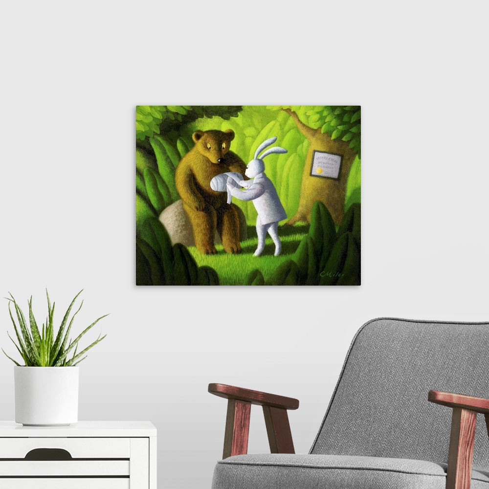 A modern room featuring Funny painting of a rabbit playing doctor to a bear.