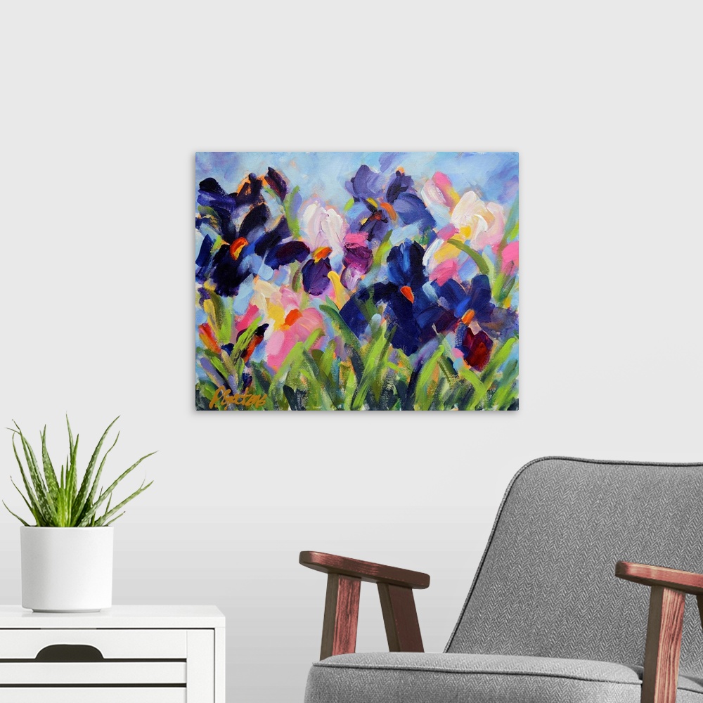 A modern room featuring A horizontal abstract painting of irises in colors of purple and white.