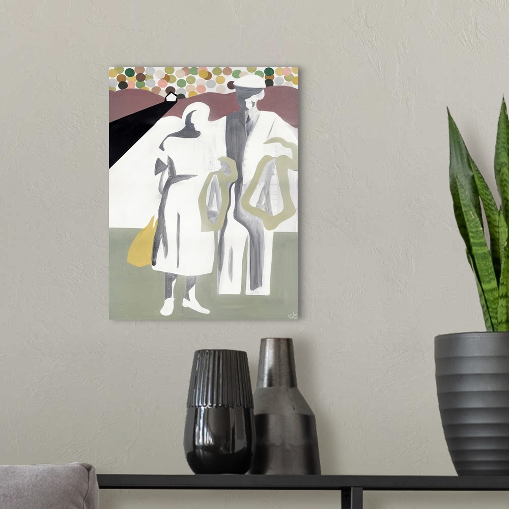 A modern room featuring A modern contemporary painting of a couple standing along a road on a journey.