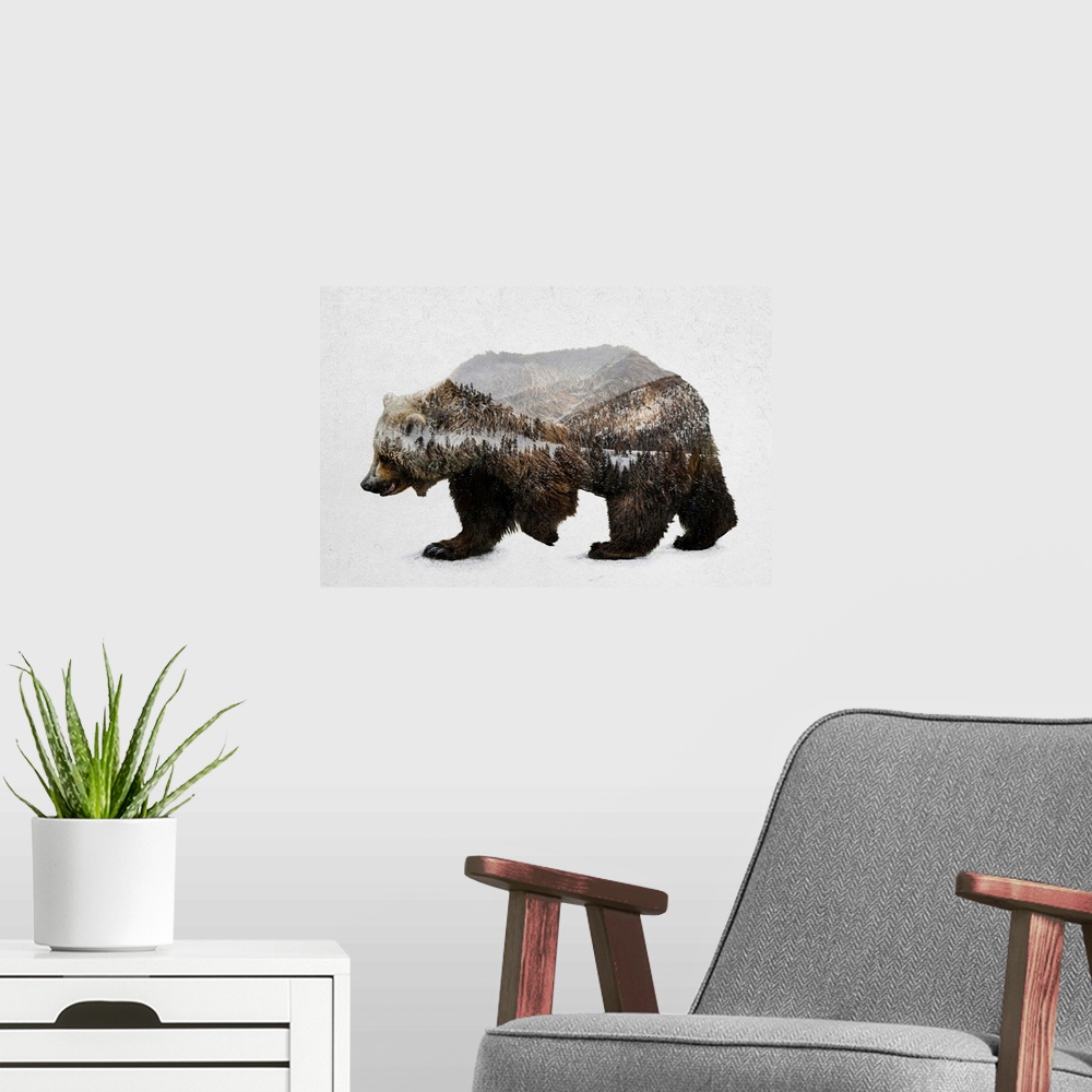 A modern room featuring A contemporary piece of artwork of a wilderness scene withing the outline of a brown bear.