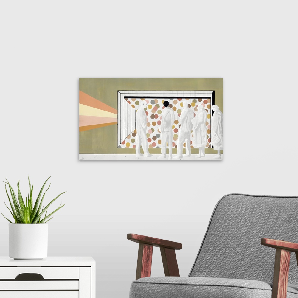 A modern room featuring A modern contemporary painting of a group of people standing in a line.