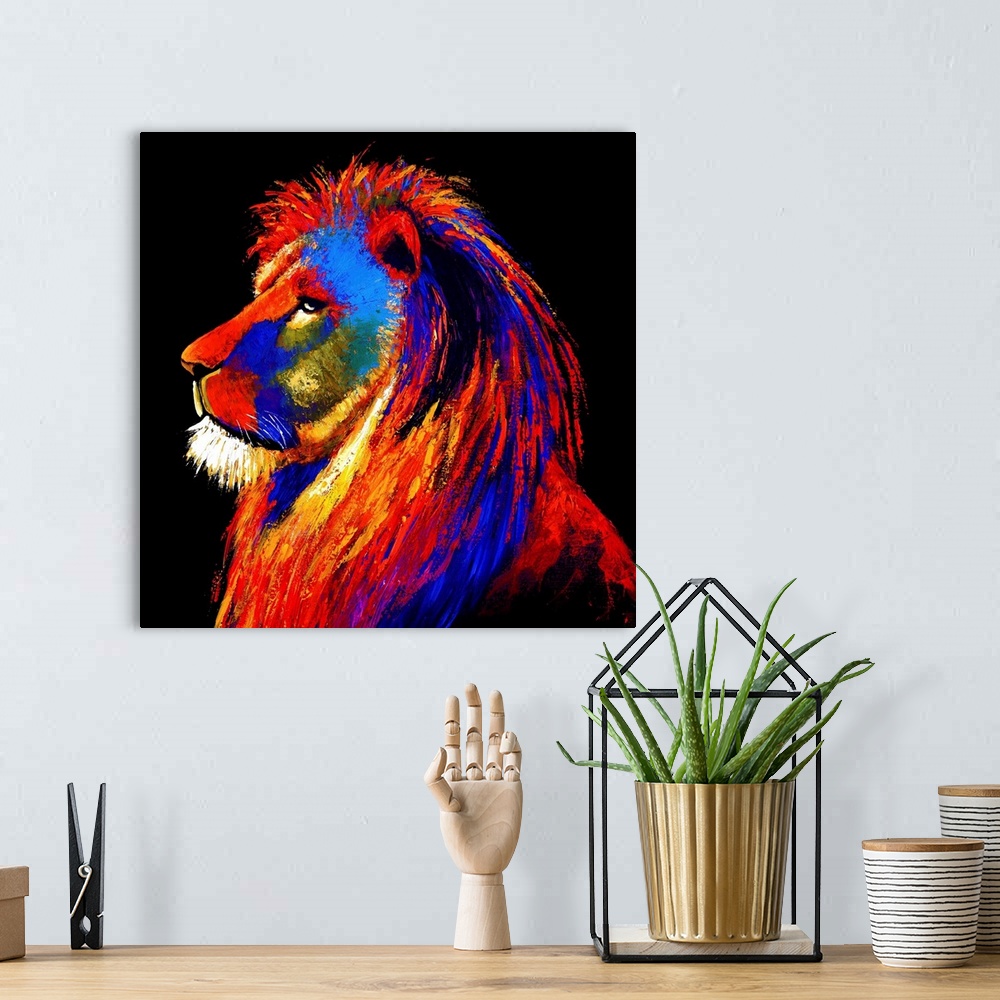 A bohemian room featuring A painting of a lion in vibrant warm colors of red, yellow and blue.