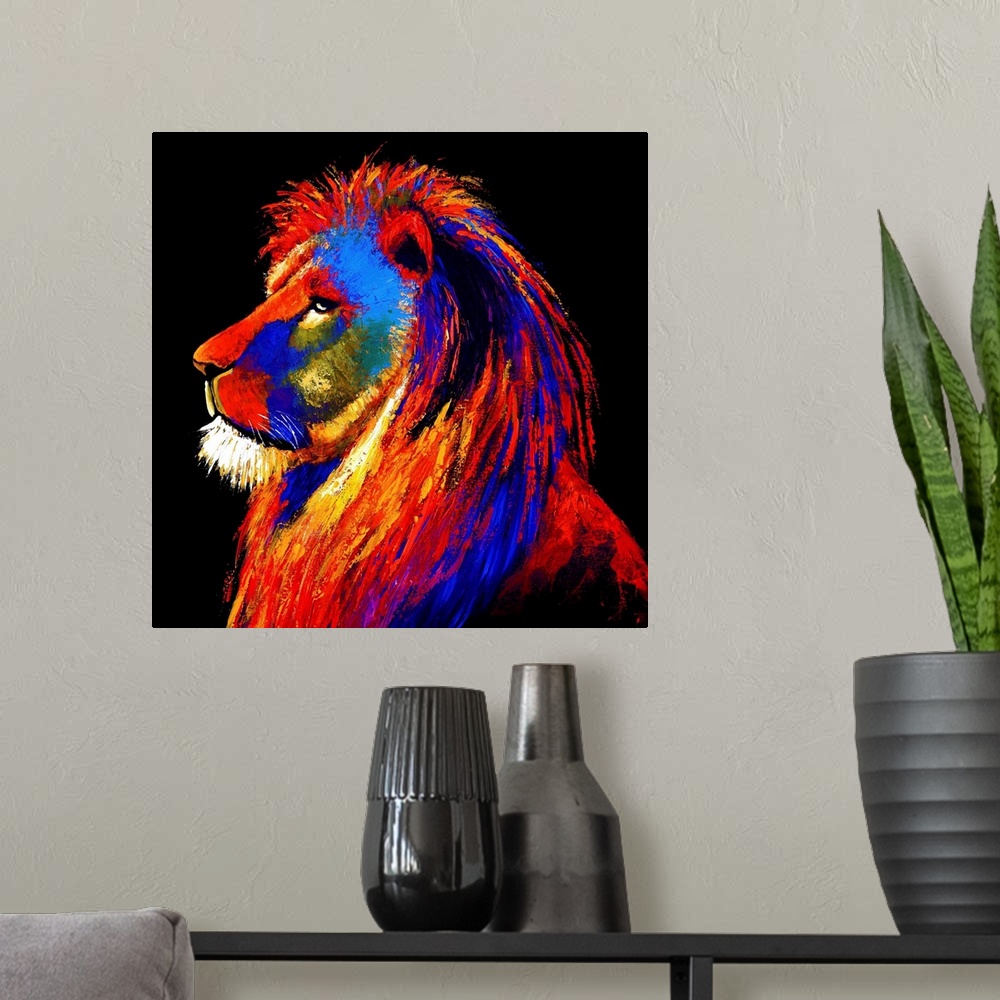 A modern room featuring A painting of a lion in vibrant warm colors of red, yellow and blue.