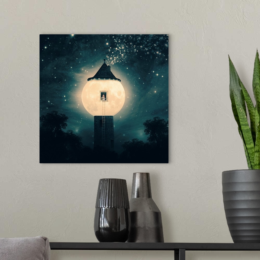 A modern room featuring The Moon Tower