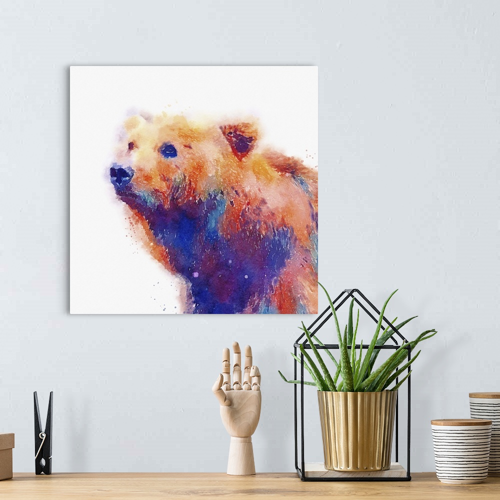 A bohemian room featuring A watercolor painting of a bear in vivid multi-colors.