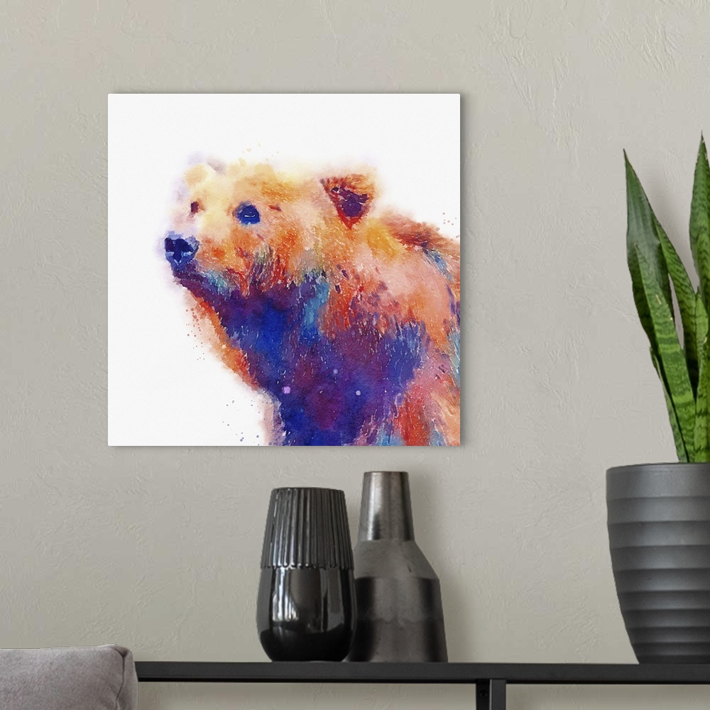 A modern room featuring A watercolor painting of a bear in vivid multi-colors.