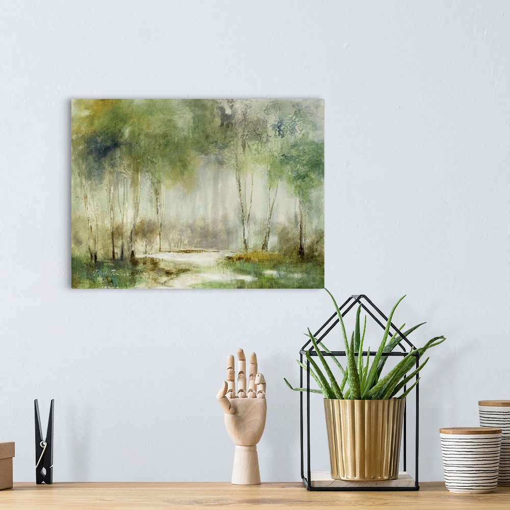 A bohemian room featuring Abstract landscape painting of a forest in muted green hues.
