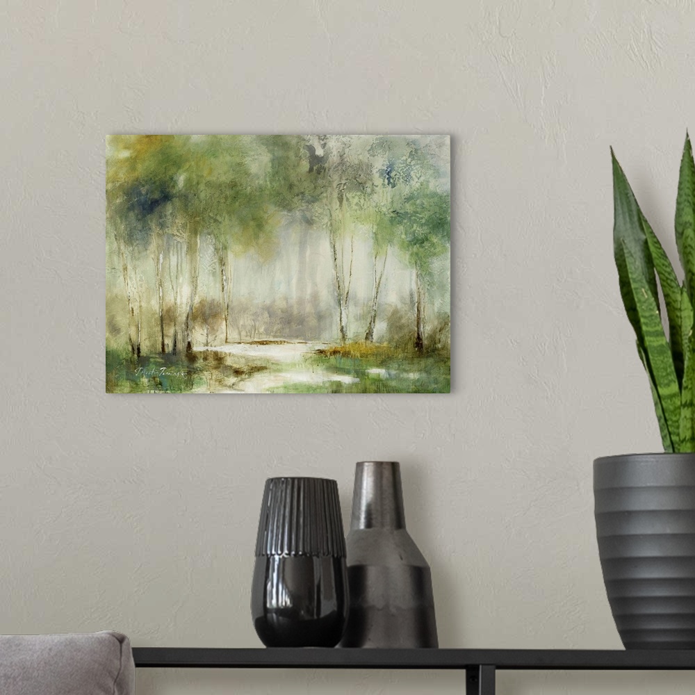 A modern room featuring Abstract landscape painting of a forest in muted green hues.