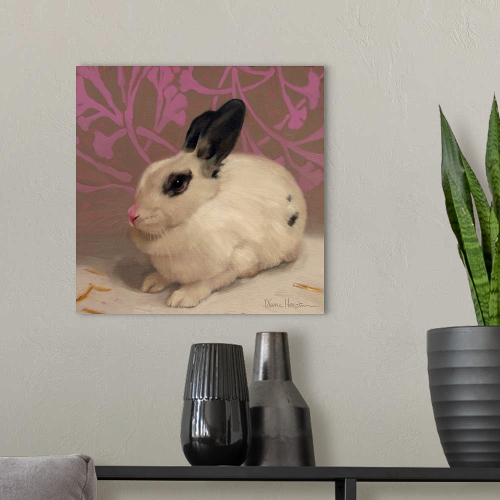 A modern room featuring Contemporary painting of a white rabbit with black ears resting in front of a purple floral wall.