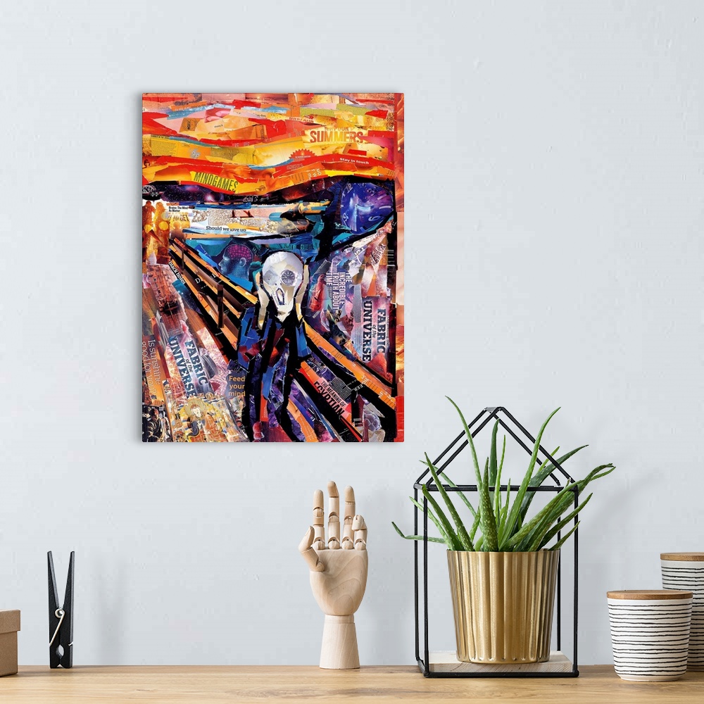 A bohemian room featuring A mixed media collage made into a version of the Scream.
