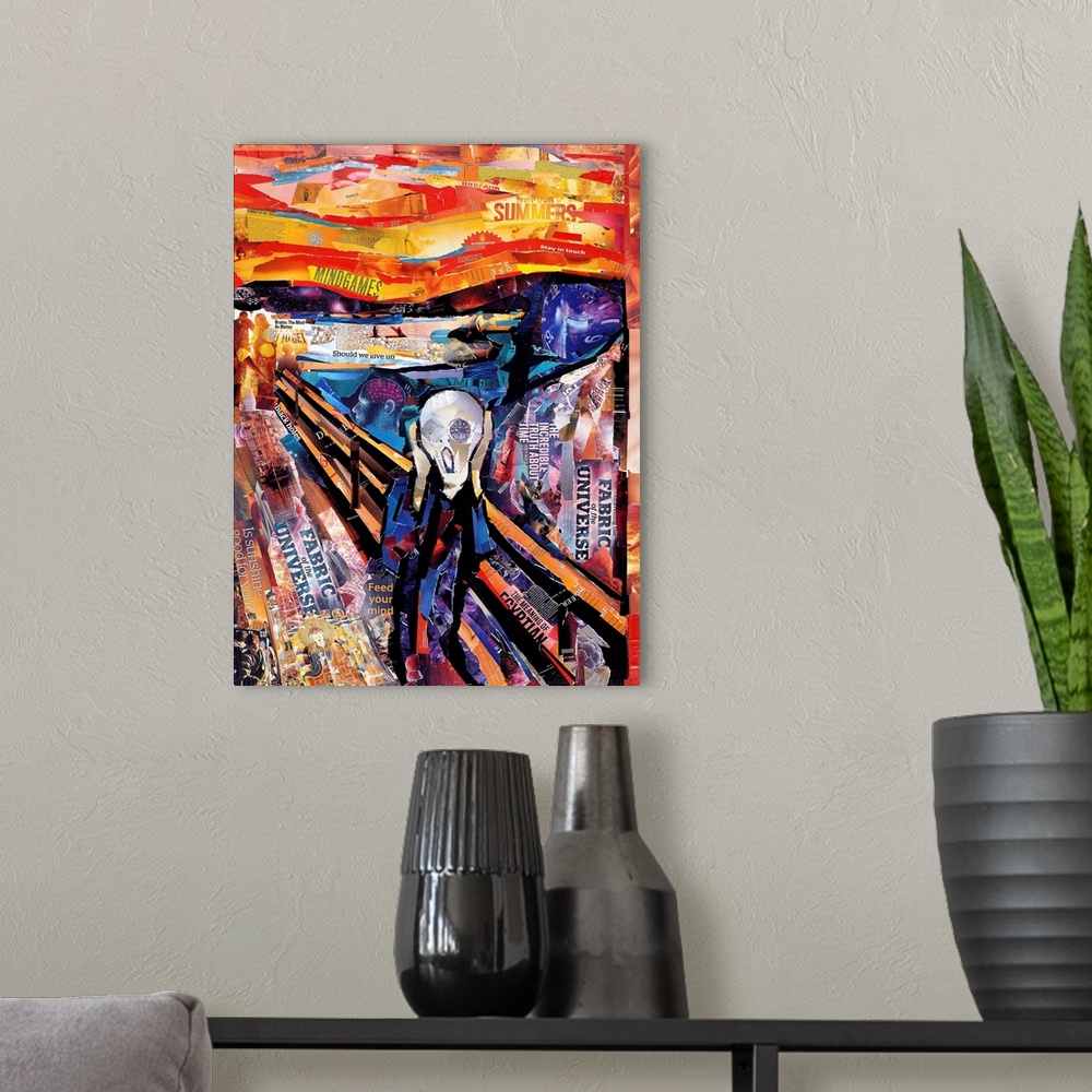 A modern room featuring A mixed media collage made into a version of the Scream.