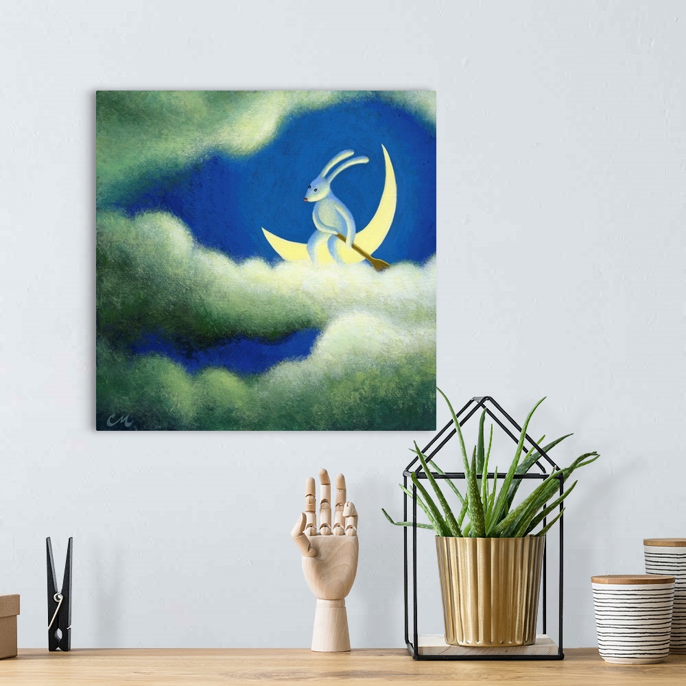 A bohemian room featuring Surrealistic painting of a rabbit sitting on the moon amongst the clouds.