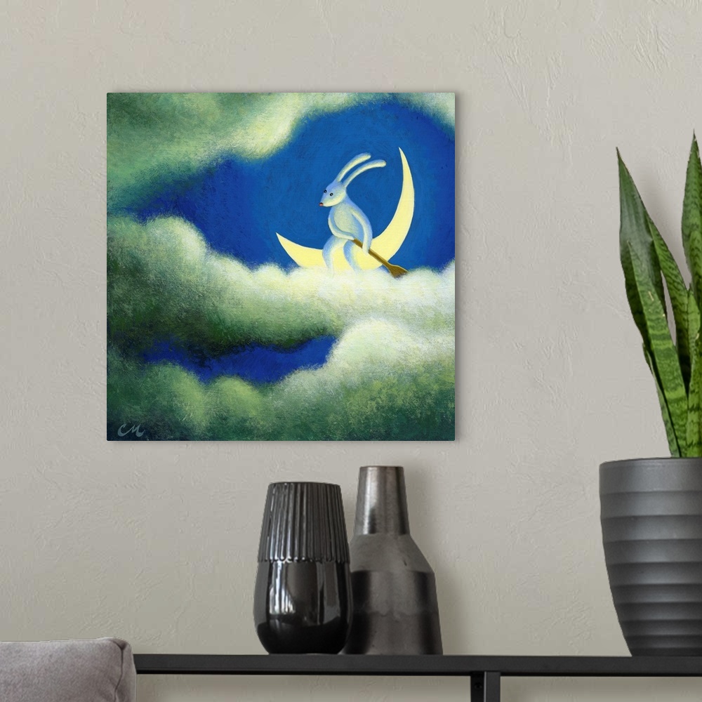 A modern room featuring Surrealistic painting of a rabbit sitting on the moon amongst the clouds.