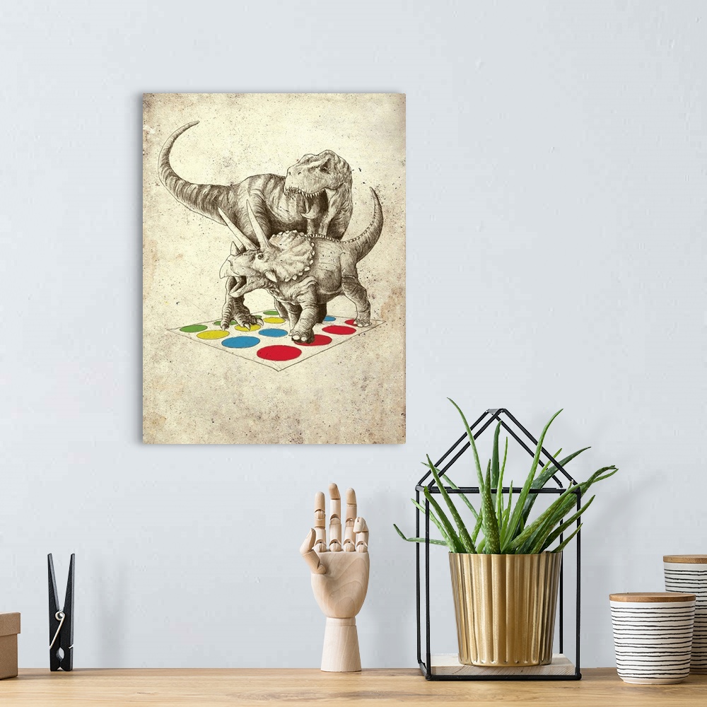A bohemian room featuring A digital illustration of dinosaurs playing the game Twister.