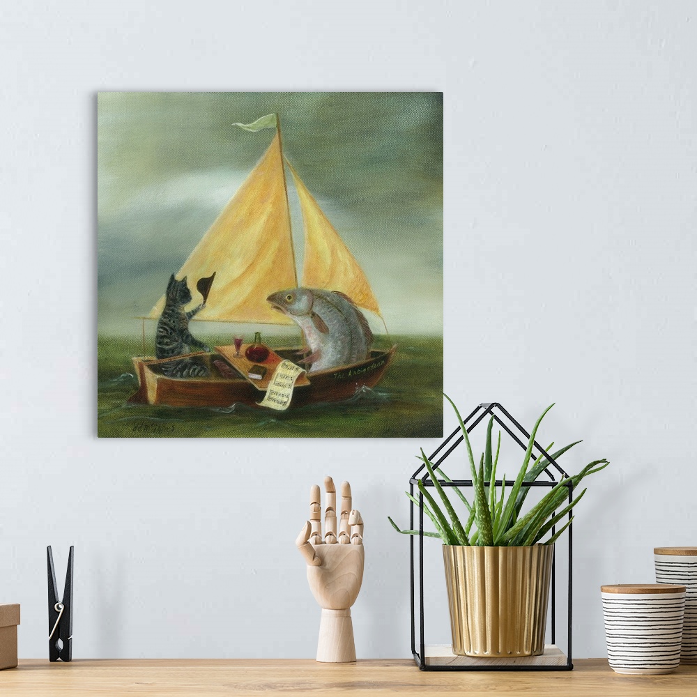 A bohemian room featuring Whimsical artwork featuring a cat and fish sailing on the sea.