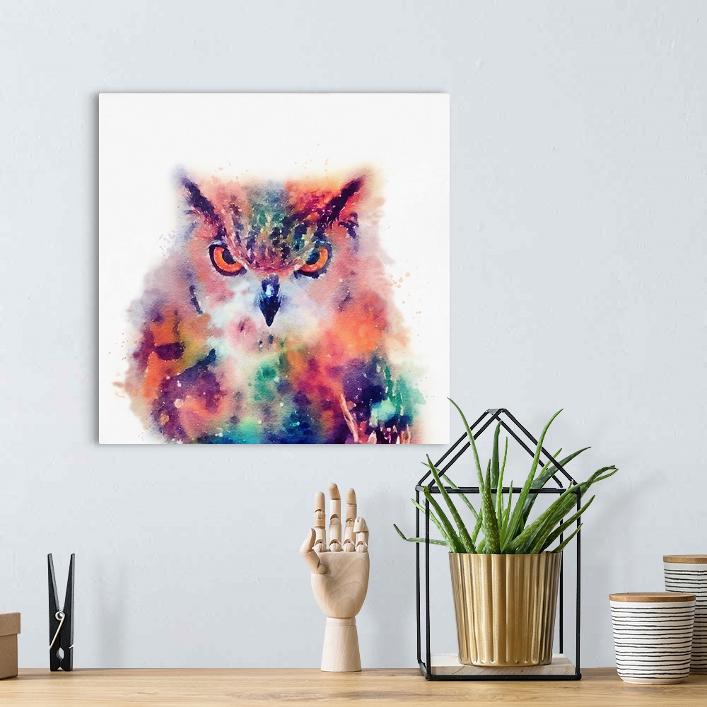 A bohemian room featuring A watercolor painting of an owl in vivid multi-colors.