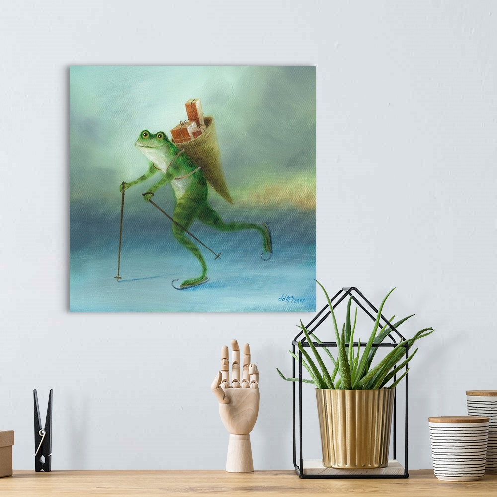 A bohemian room featuring Whimsical artwork featuring a frog ice skating.