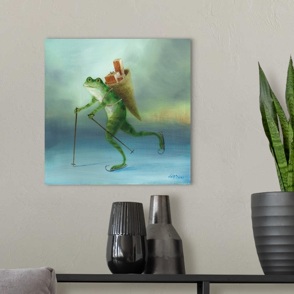 A modern room featuring Whimsical artwork featuring a frog ice skating.