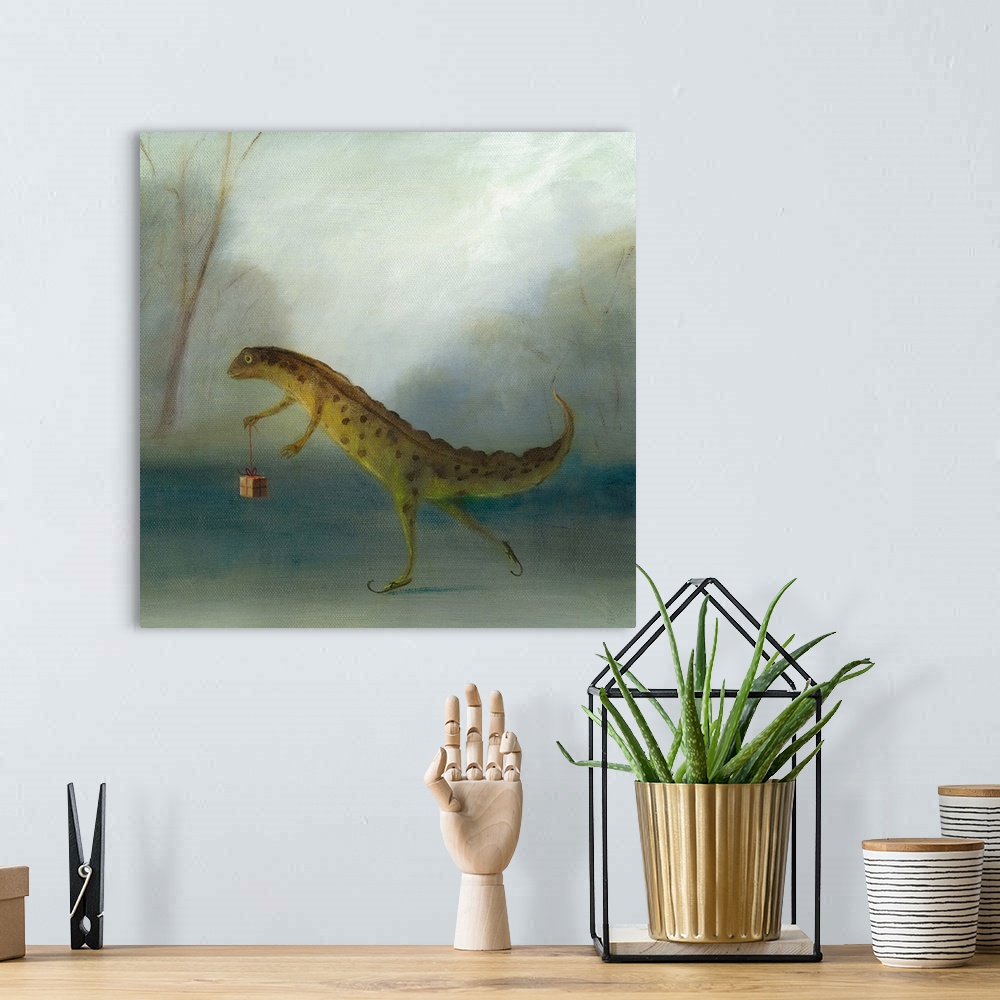 A bohemian room featuring Whimsical artwork featuring a newt holding a present.