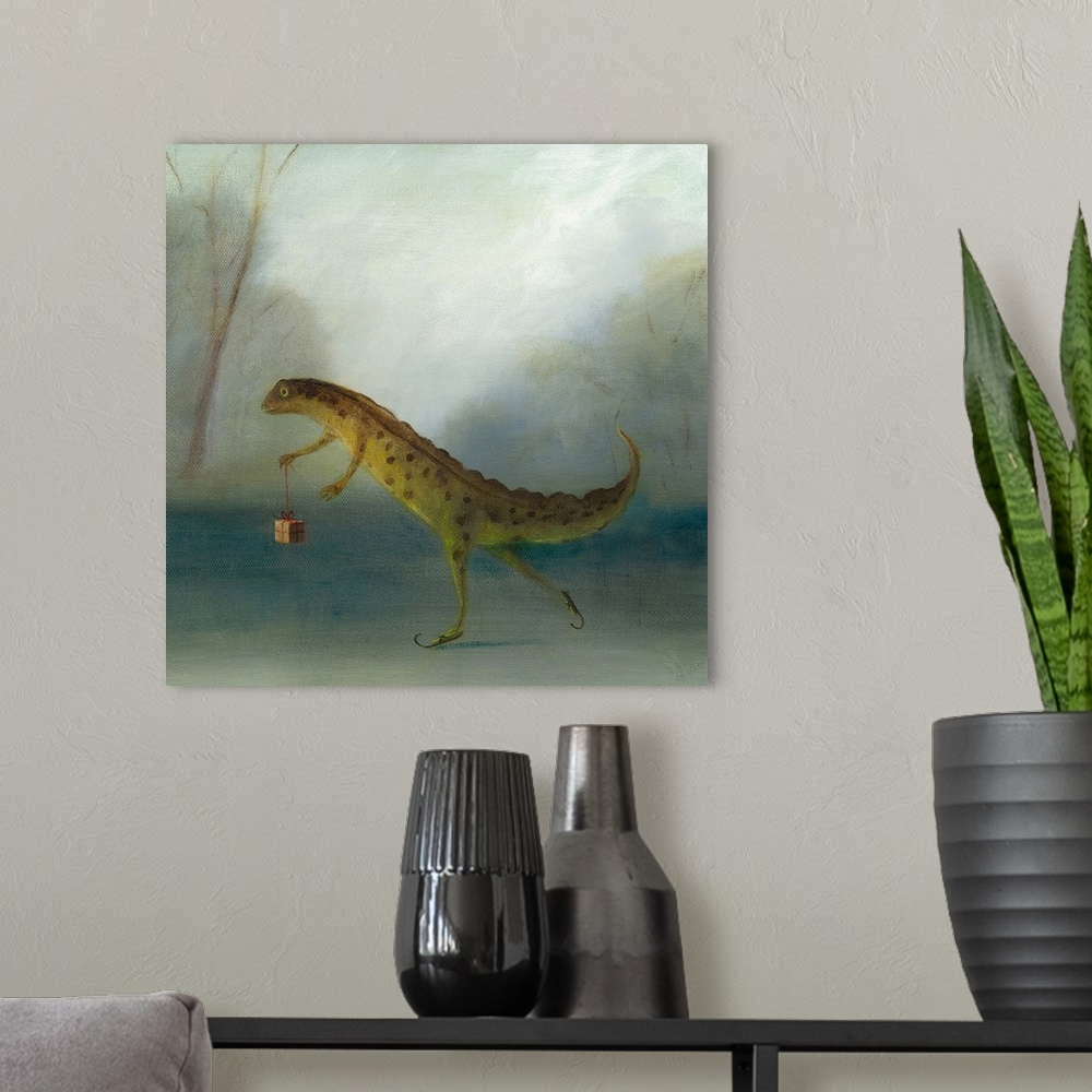 A modern room featuring Whimsical artwork featuring a newt holding a present.