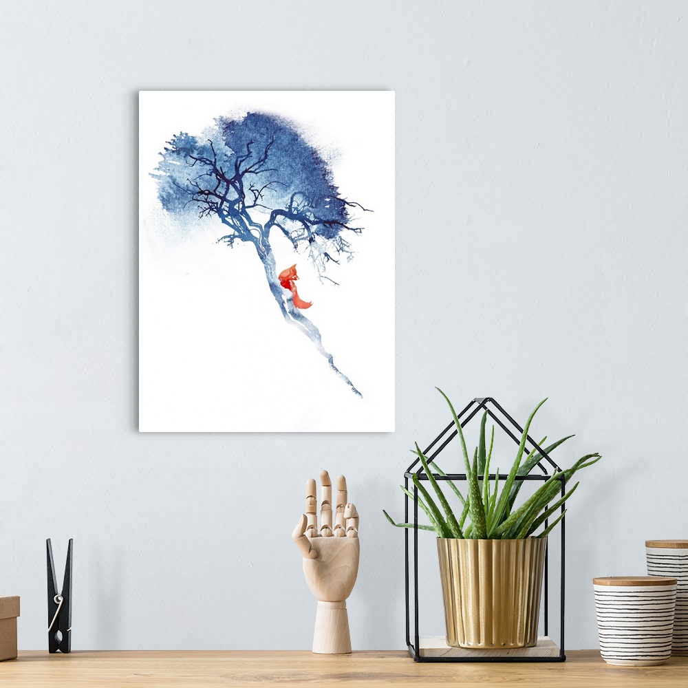 A bohemian room featuring Contemporary artwork that features a lone red fox climbing a blue tree.
