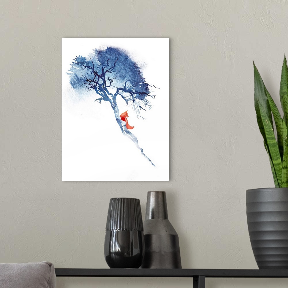 A modern room featuring Contemporary artwork that features a lone red fox climbing a blue tree.