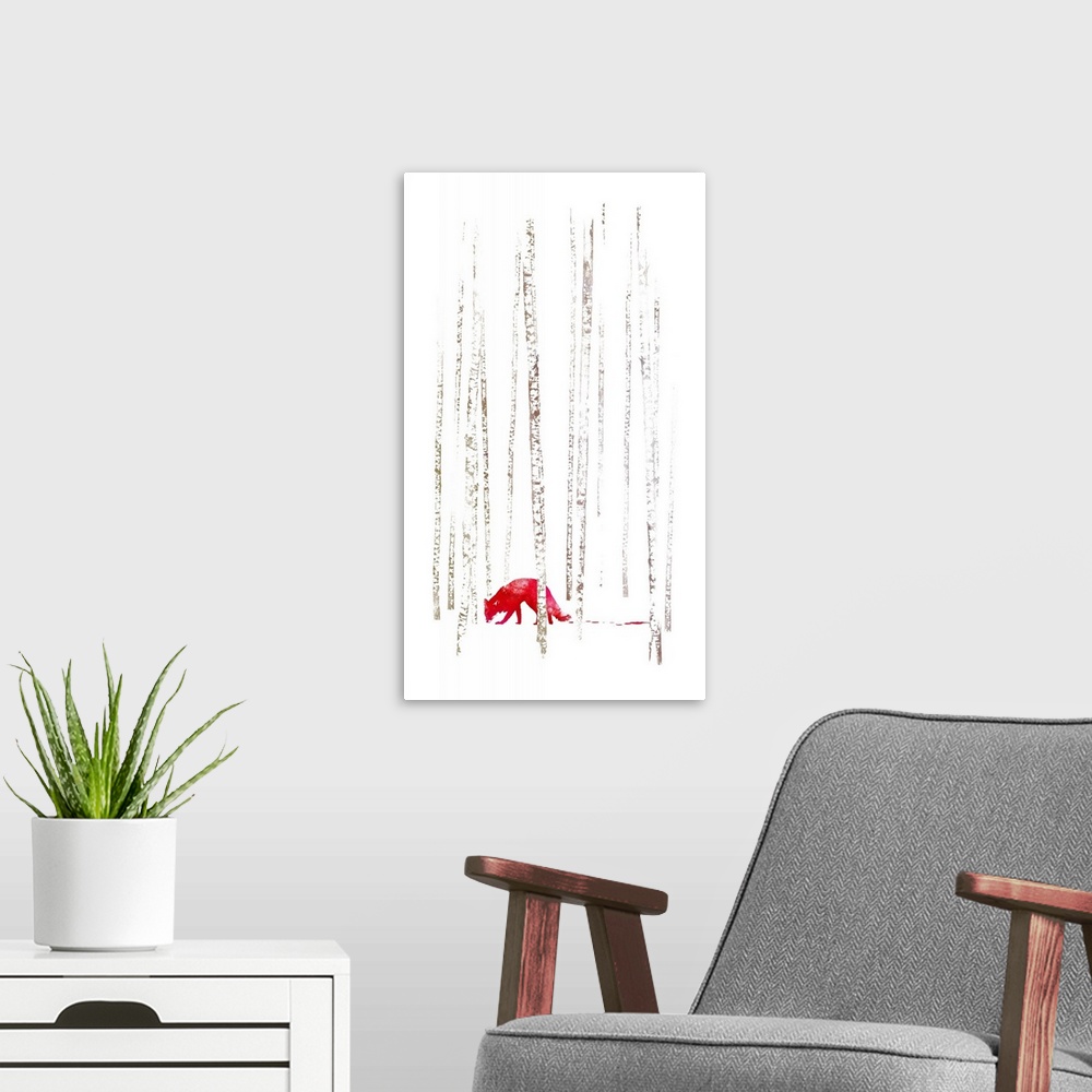A modern room featuring Decorative artwork of a red fox traveling through a forest leaving a trail behind.