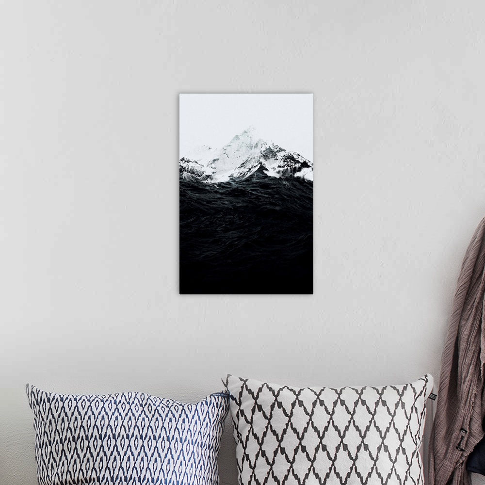 A bohemian room featuring Double exposure artwork of a mountain peaks and ocean waves.