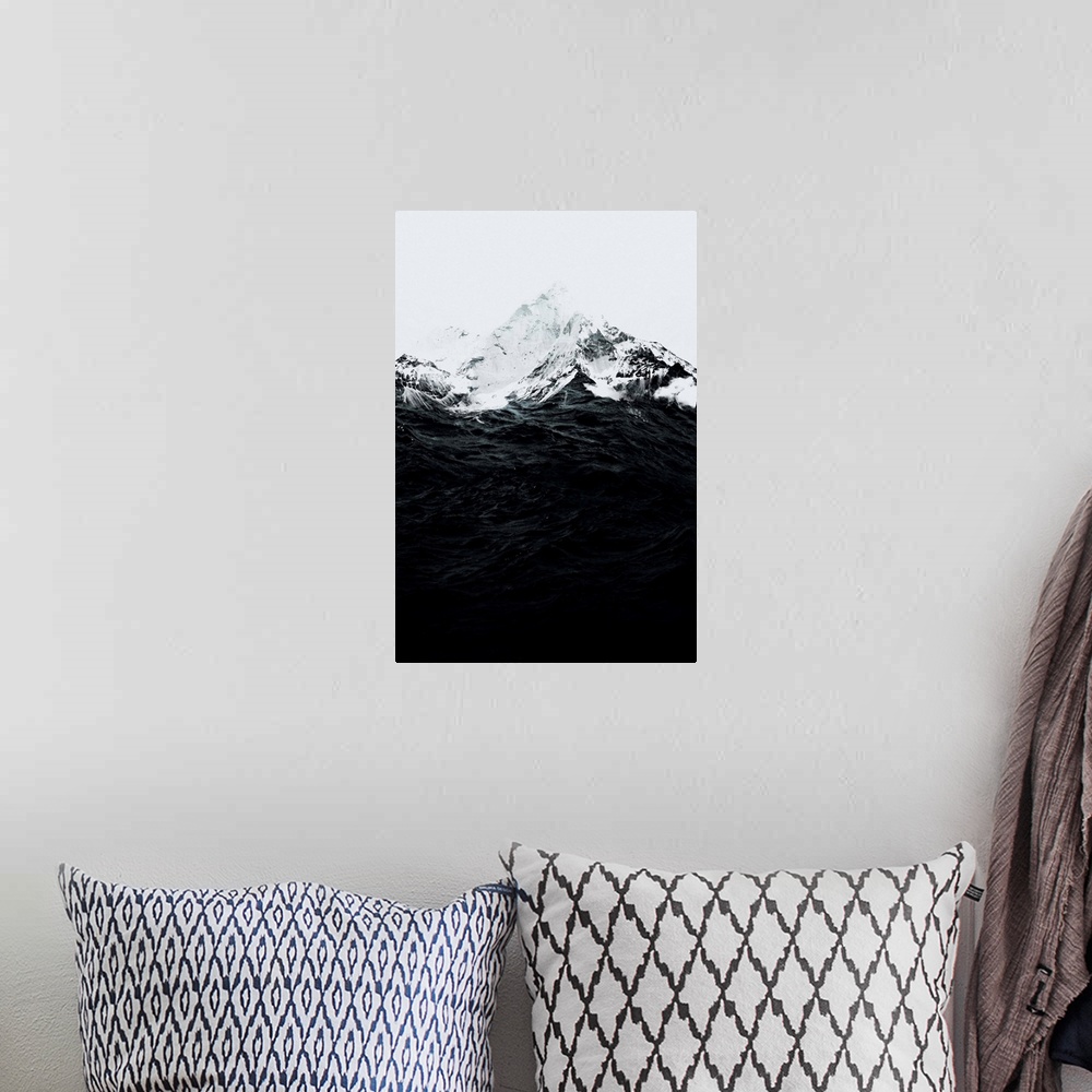 A bohemian room featuring Double exposure artwork of a mountain peaks and ocean waves.