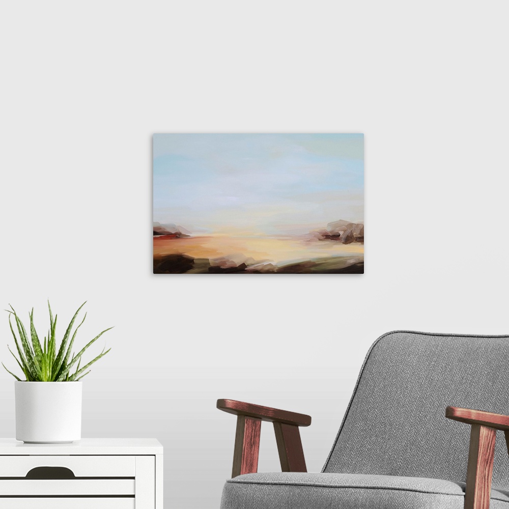 A modern room featuring A contemporary abstract painting of a landscape under a blue sky.