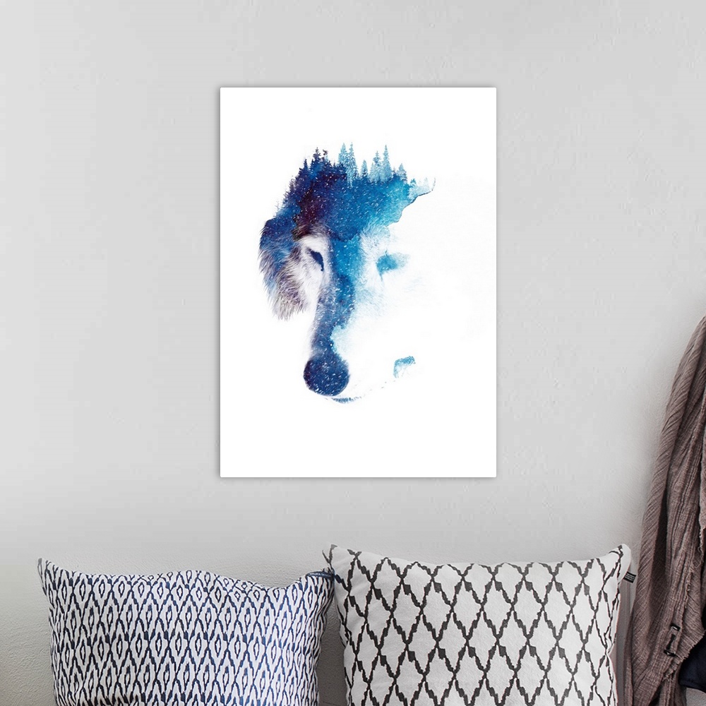 A bohemian room featuring Double exposure artwork featuring the head of a wolf with a forest exposed on top.