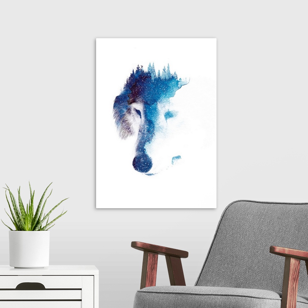 A modern room featuring Double exposure artwork featuring the head of a wolf with a forest exposed on top.