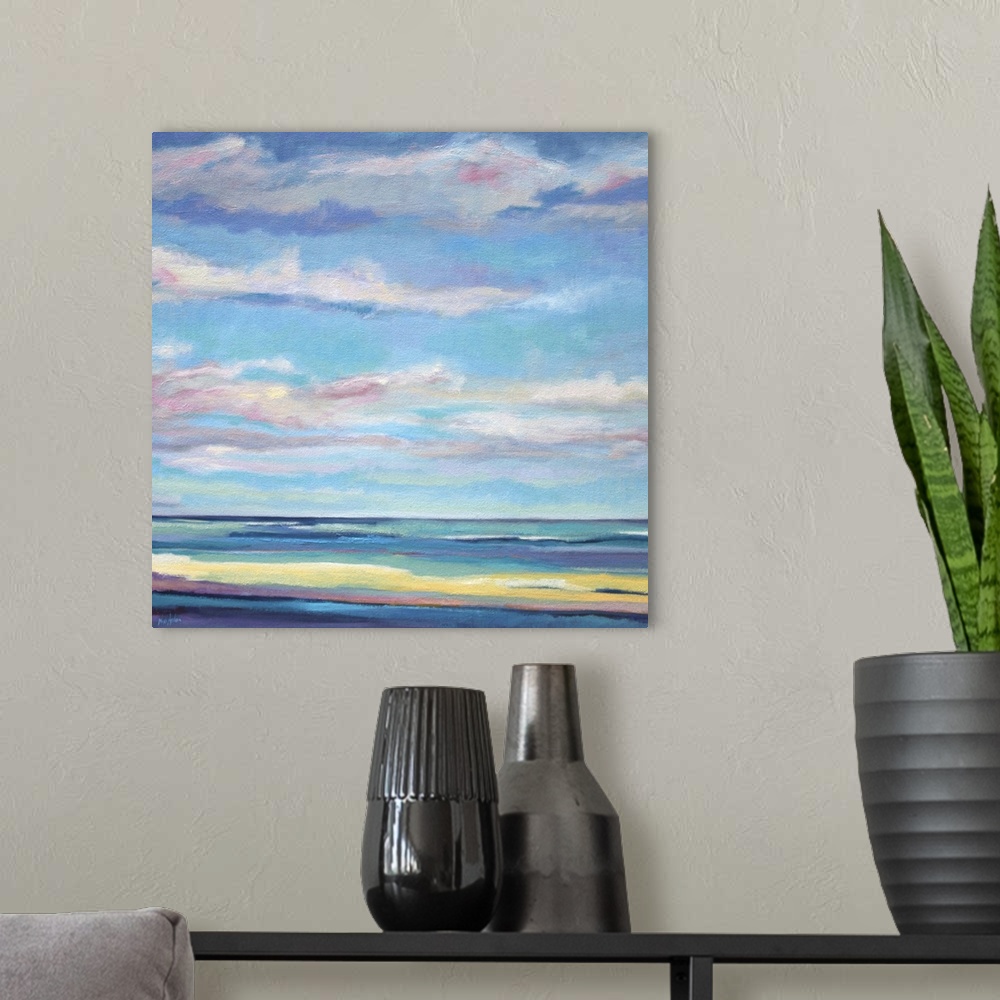 A modern room featuring Contemporary painting of an abstract landscape.