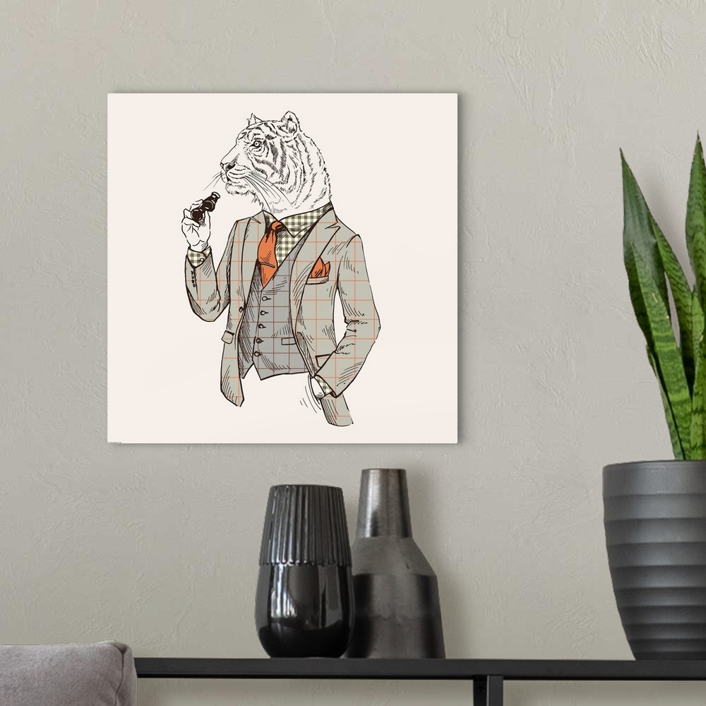 A modern room featuring Illustration of a man with a tiger for a head.