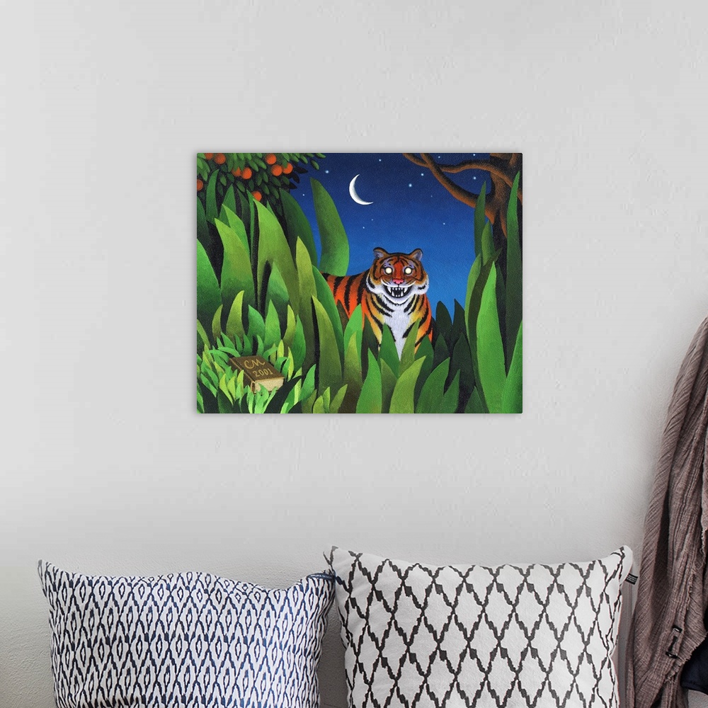 A bohemian room featuring Whimsical painting of tiger in the jungle at night.
