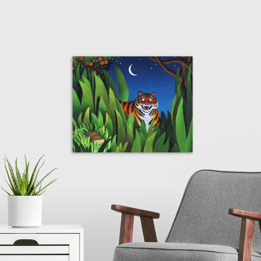 A modern room featuring Whimsical painting of tiger in the jungle at night.