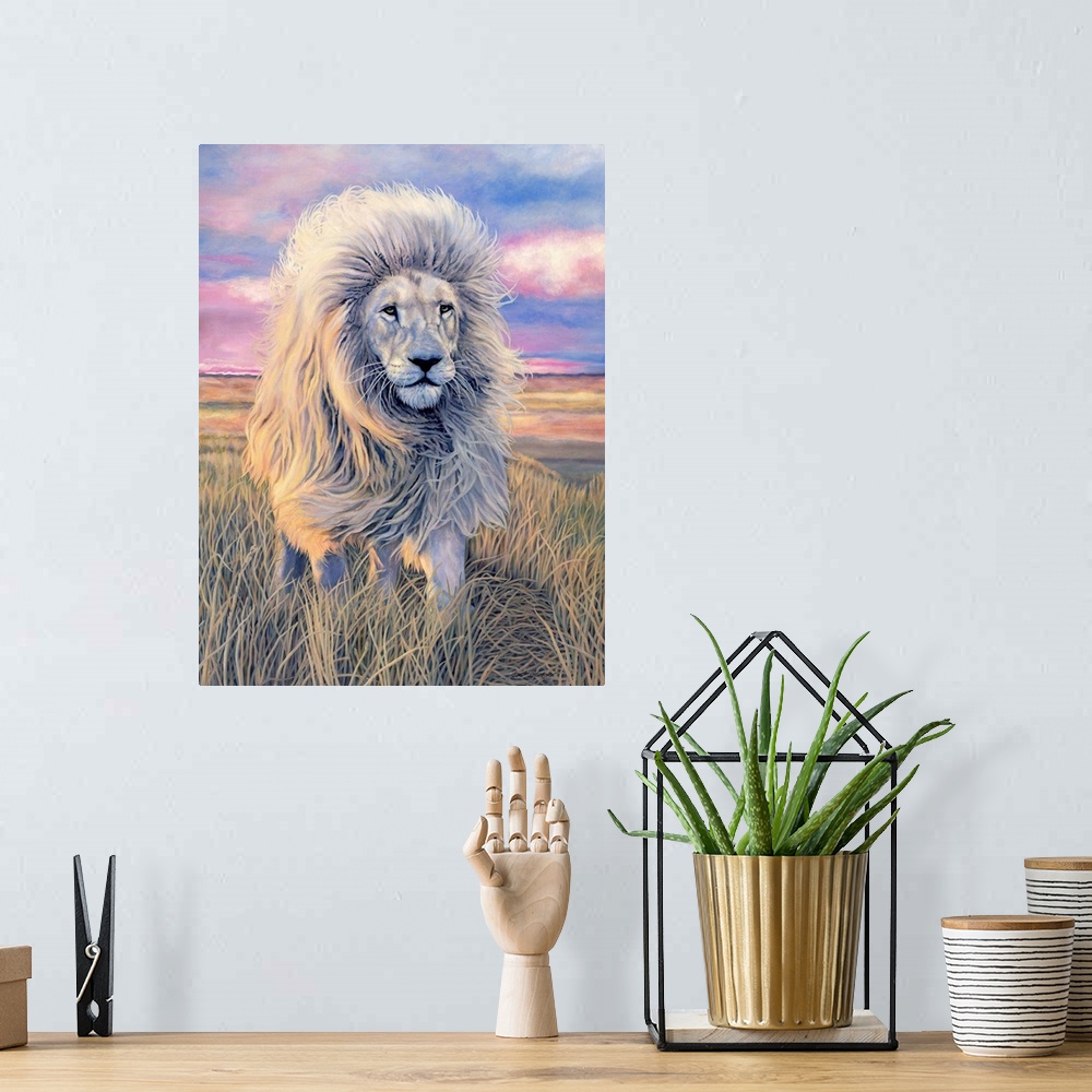 A bohemian room featuring A painting in pastel colors of a majestic lion in a field.
