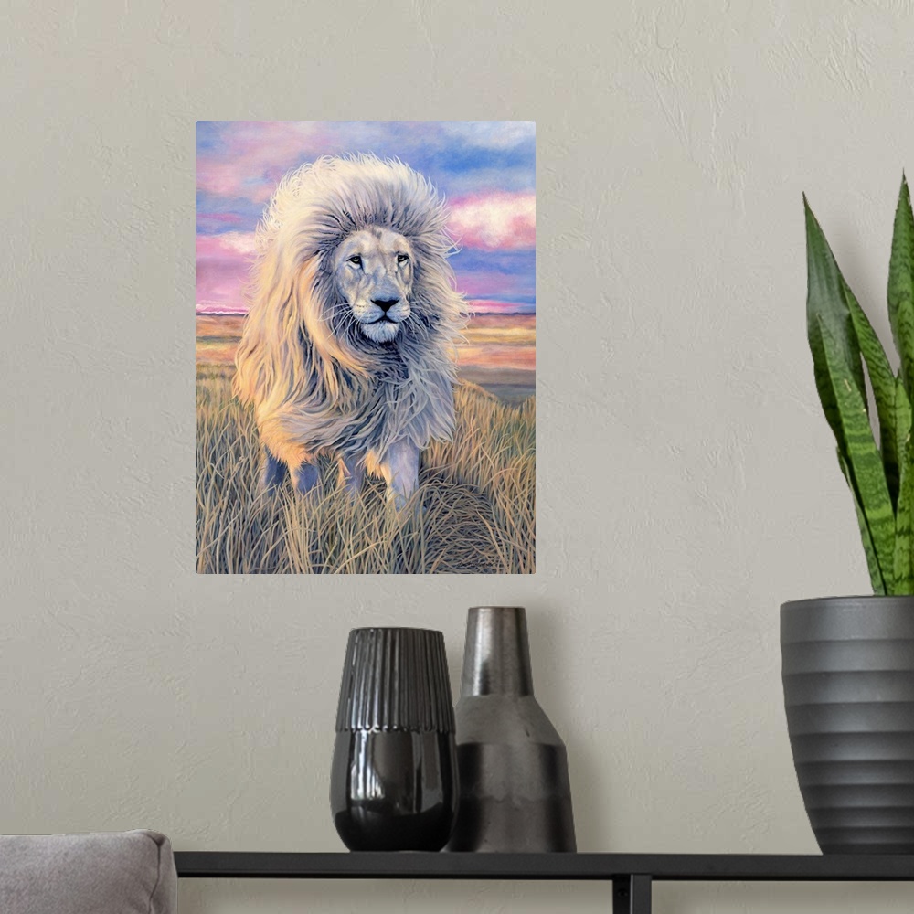 A modern room featuring A painting in pastel colors of a majestic lion in a field.