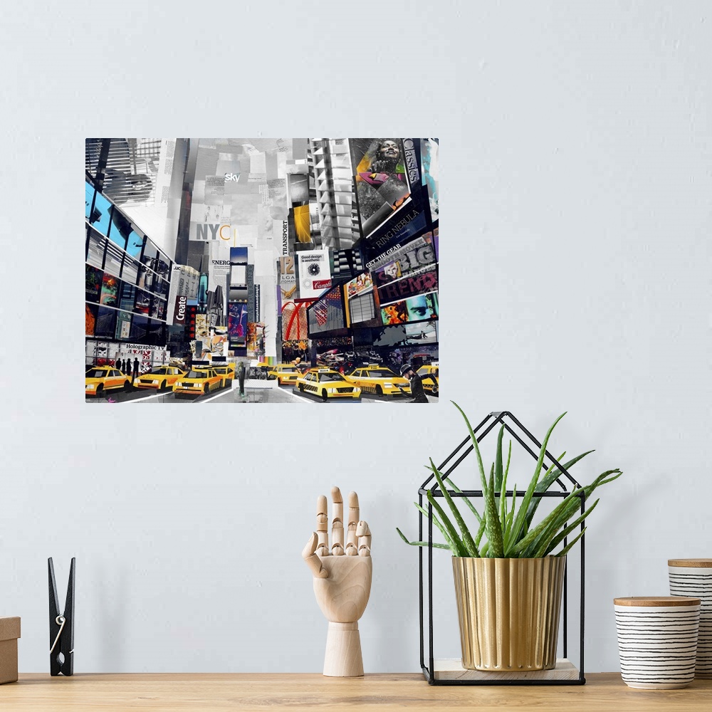 A bohemian room featuring Mixed media artwork of time square made from cut magazine and book pages.