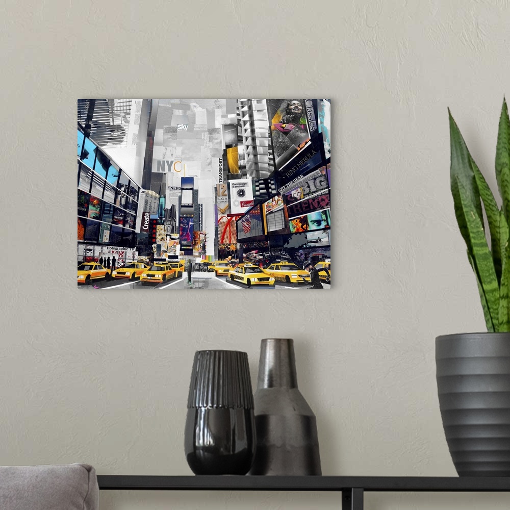 A modern room featuring Mixed media artwork of time square made from cut magazine and book pages.