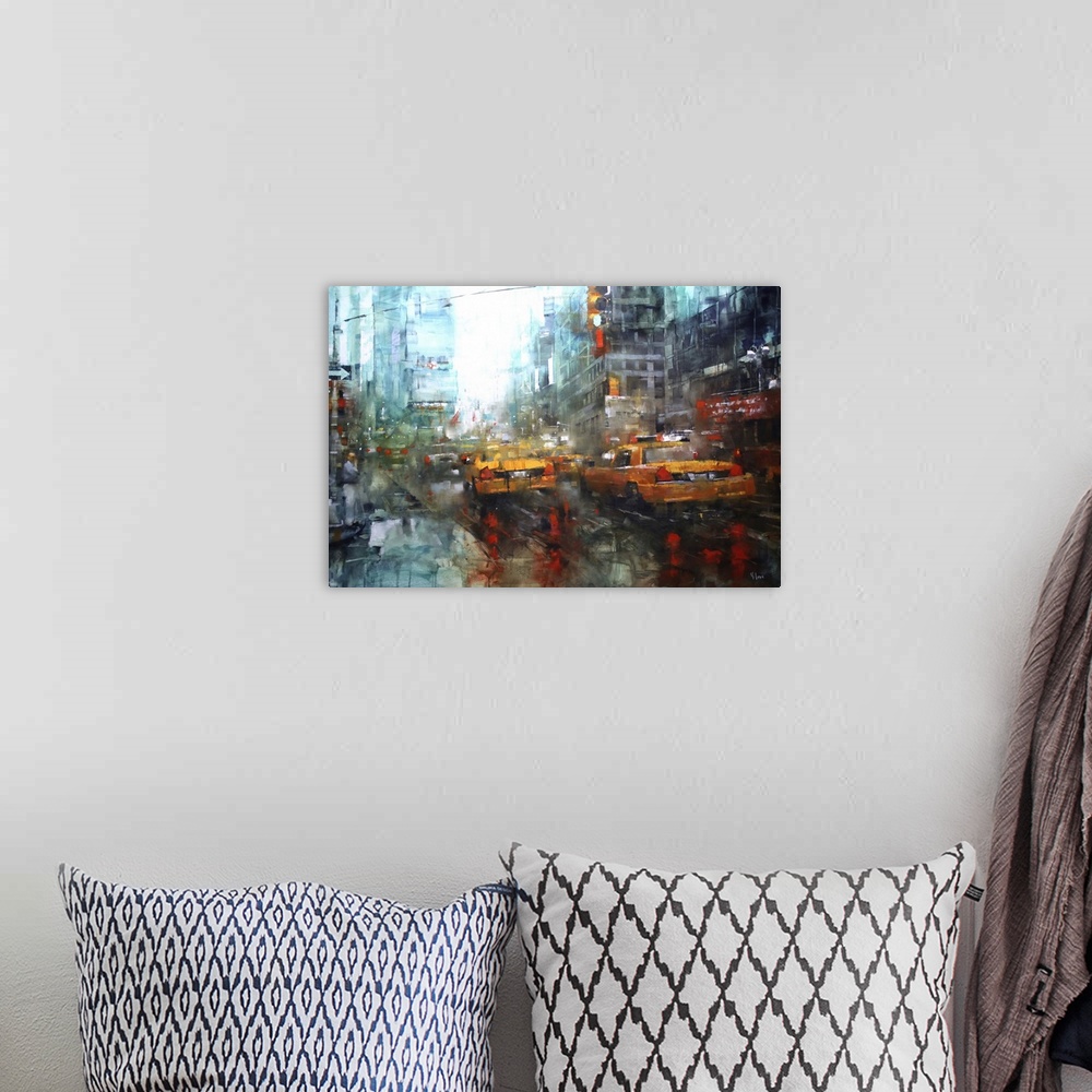 A bohemian room featuring Contemporary painting of a bustling urban city street scene with cars and people.