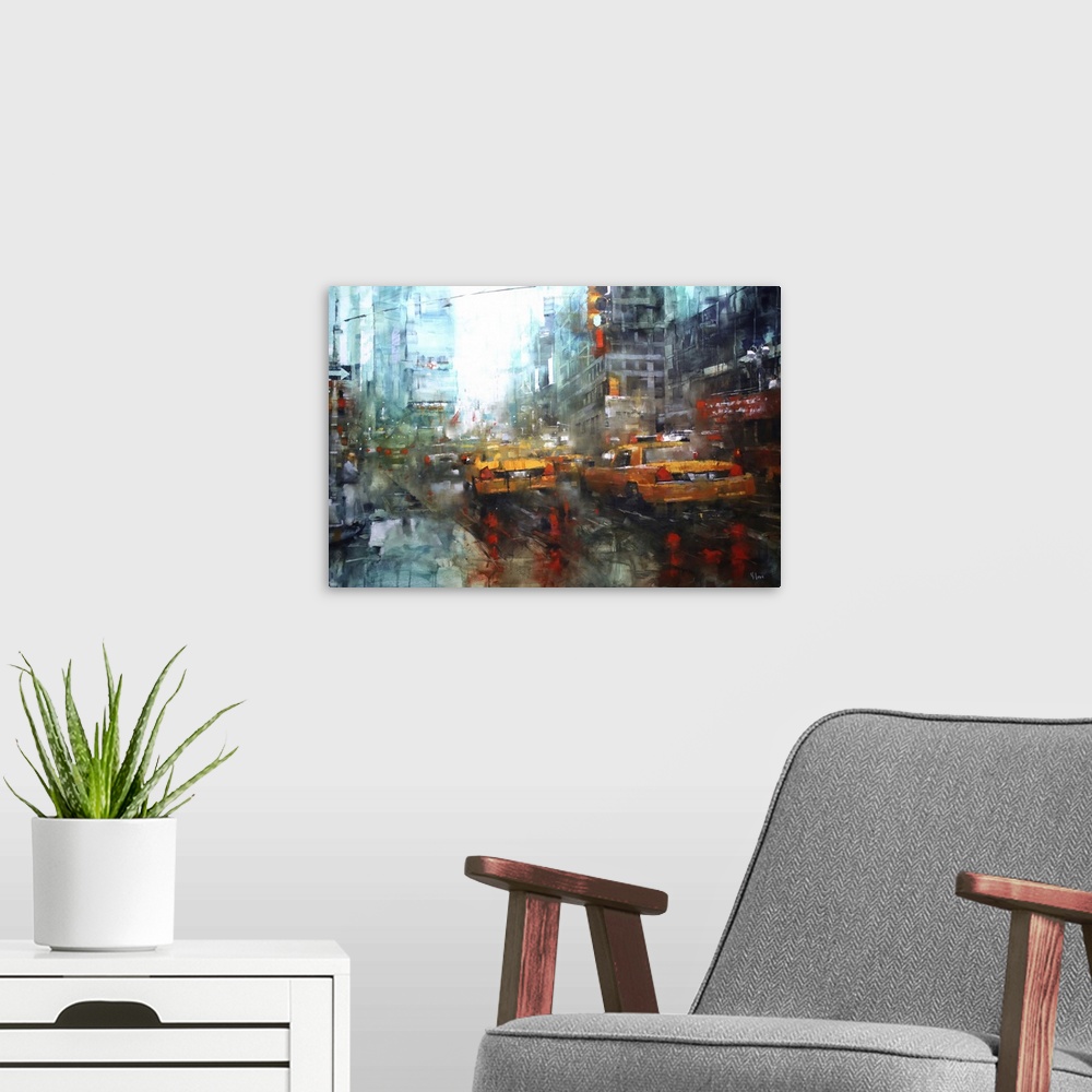 A modern room featuring Contemporary painting of a bustling urban city street scene with cars and people.