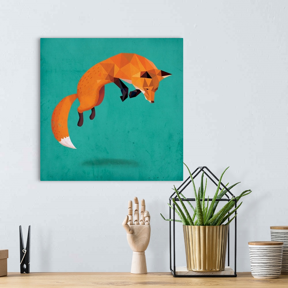 A bohemian room featuring A digital illustration of a jumping fox on a teal background.