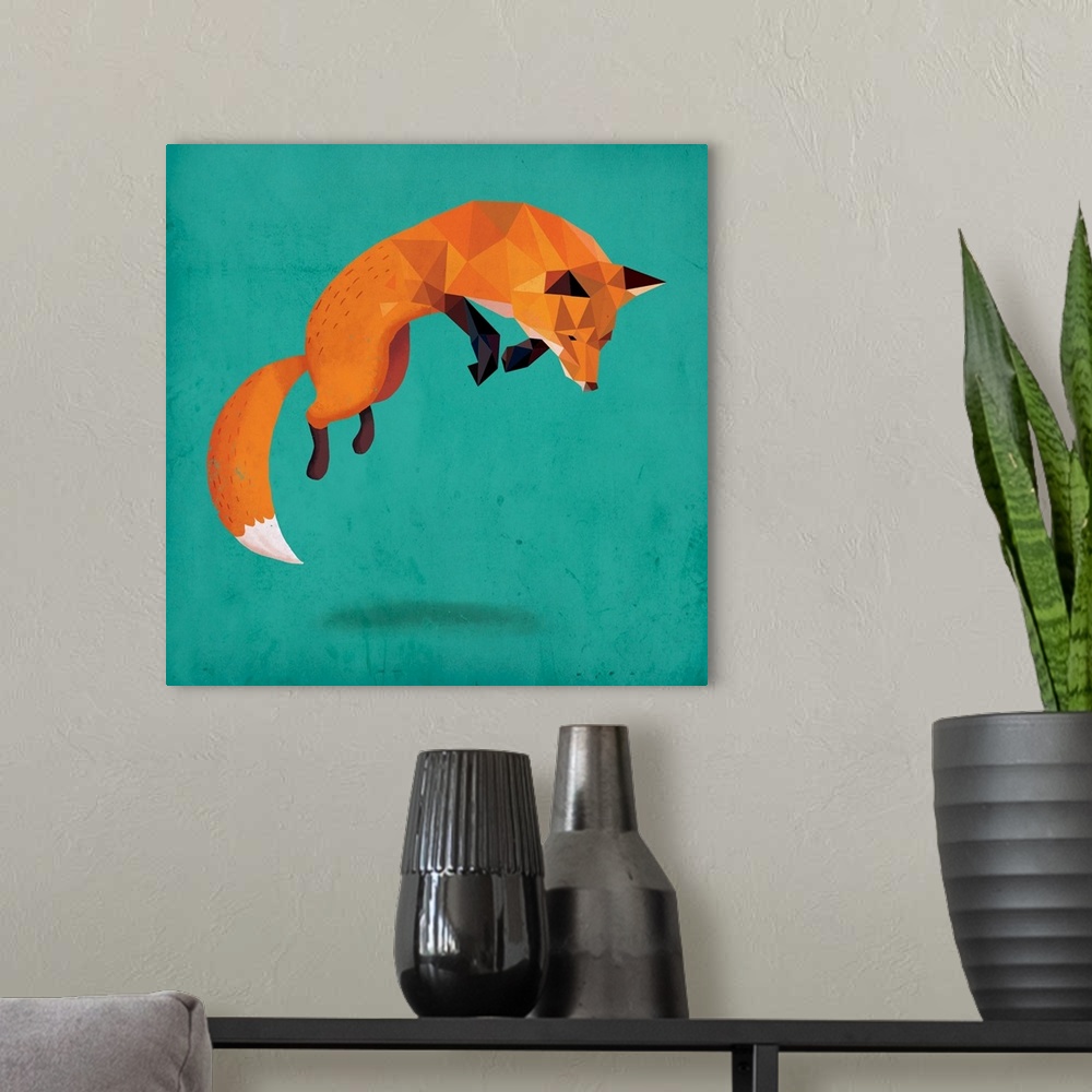 A modern room featuring A digital illustration of a jumping fox on a teal background.