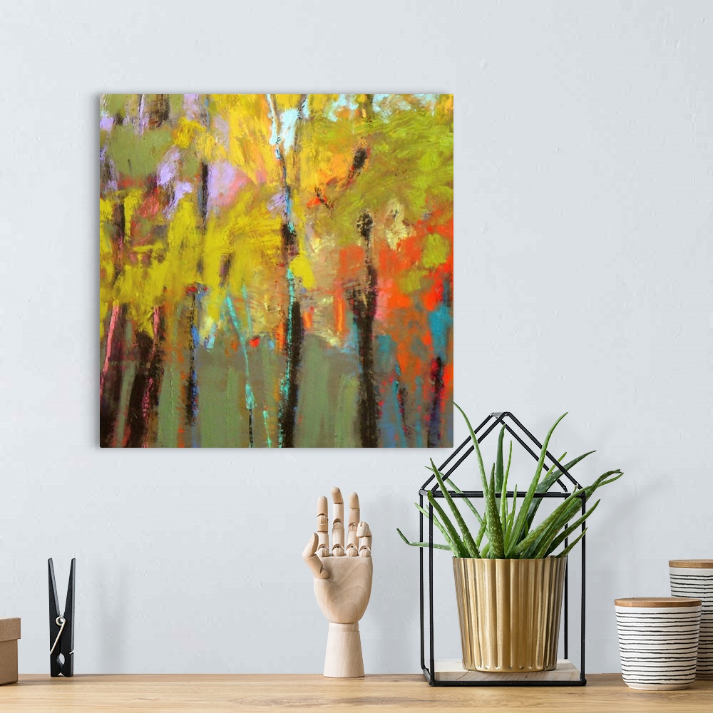 A bohemian room featuring A contemporary abstract painting using vibrant colors resembling a dense forest.