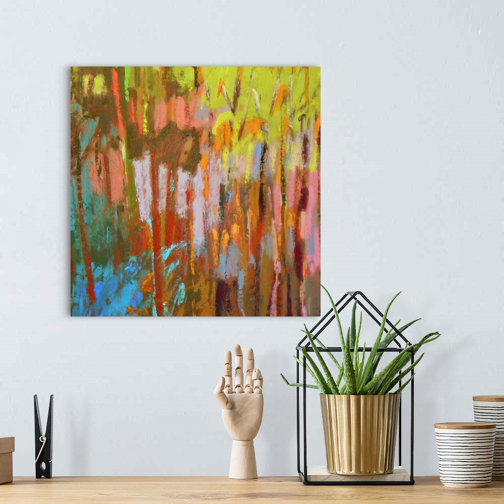 A bohemian room featuring A contemporary abstract painting using vibrant colors resembling a dense forest.