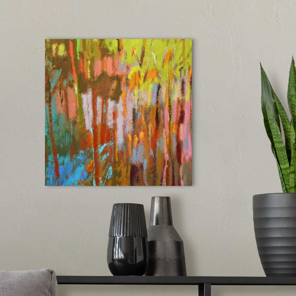 A modern room featuring A contemporary abstract painting using vibrant colors resembling a dense forest.