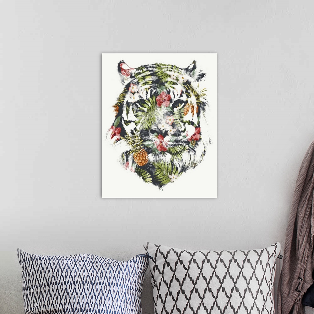 A bohemian room featuring Contemporary artwork of the face of a tiger made up of tropical fruits and plants.