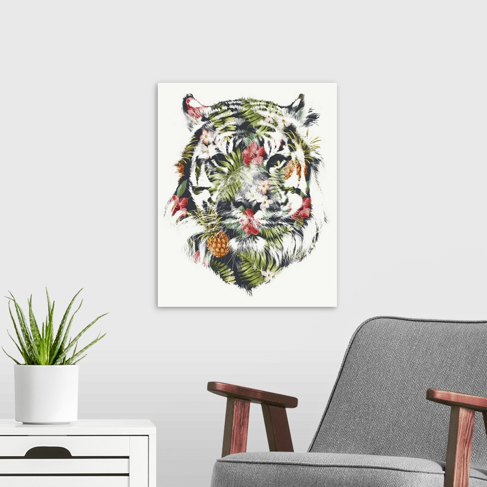 A modern room featuring Contemporary artwork of the face of a tiger made up of tropical fruits and plants.