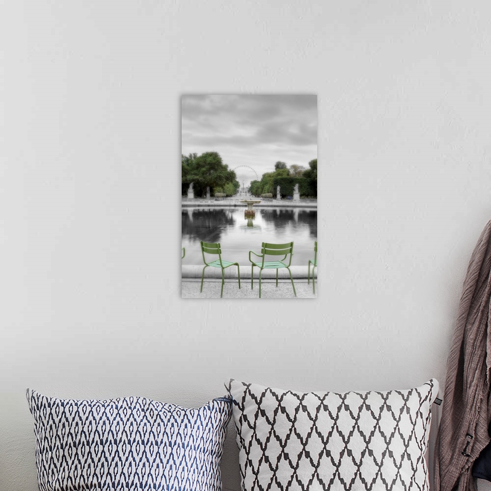 A bohemian room featuring Photograph of Les Tuileries Park, which stretches along the Seine river right bank from the Louvr...